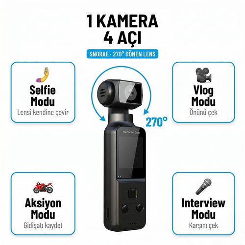 Snorae 4K Cep Kamerası — 9 Parça Set + Yaka Mikrofonu