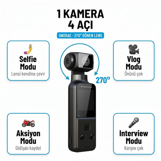 Snorae 4K Cep Kamerası — 9 Parça Set + Yaka Mikrofonu