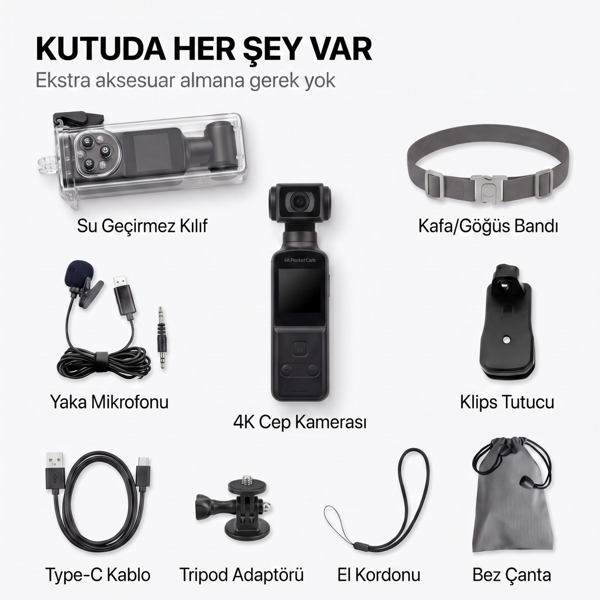 Snorae 4K cep kamerası kutu içeriği — 9 parça aksesuar seti ve yaka mikrofonu